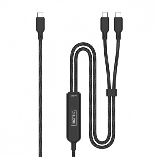 Kabel zasilający 2w1 USB-C - 2x USB-C, USB 2.0 140W PD 3.1, nylonowy, 1,8m czarny 