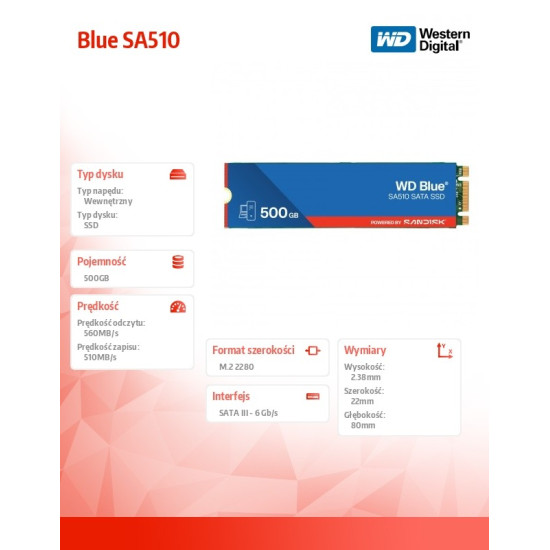 Dysk SSD Blue SSD 500GB SA510 M.2 2280 WDS500G3B0B