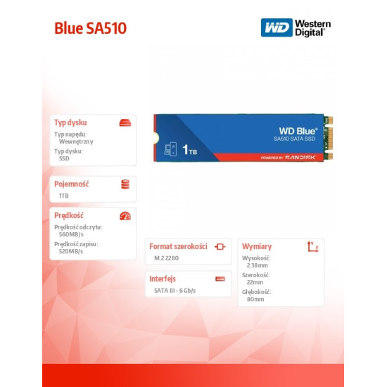 Dysk SSD Blue 1TB SA510 M.2 2280 WDS100T3B0B