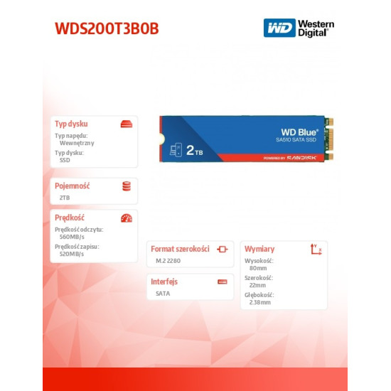 Dysk SSD Blue 2TB SA510 M.2 2280 WDS200T3B0B 