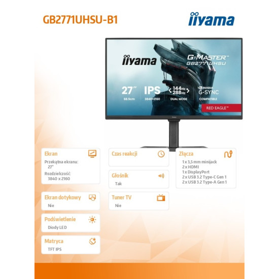 Monitor 27 cali GB2771UHSU-B1 4K 144Hz FHD 288Hz, 450cd, 2x2W, HAS 150, PIVOT