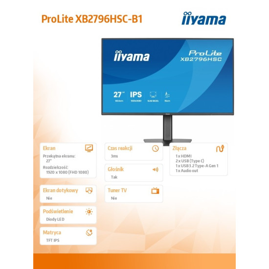 Monitor 27 cali XB2796HSC-B1   IPS,FHD,HDMI,USB-C (PD 65W),144Hz,    1xUSB 3.2 , 1xUSB-C, 2x2W, HAS 150/PIVOT/obrót stopy 360st