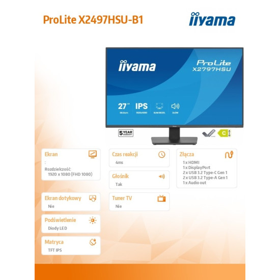 Monitor  ProLite 27 cali X2797HSU-B1  IPS,FHD,HDMI,DP,120Hz,350CD,2xUSBv3.2,  2xUSB-C, GW 5lat 