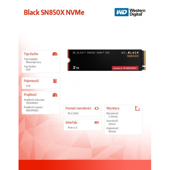 Dysk SSD WD Black SN850X 2TB NVMe 2280 M2