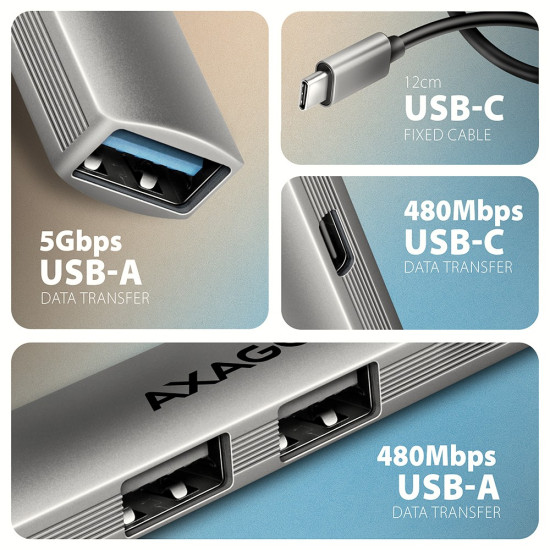 HUE-STC HUB 4-portowy  1x USB-A 5Gbps, 2x USB2.0 + 1x USB-C 2.0, 12cm kabel USB-C