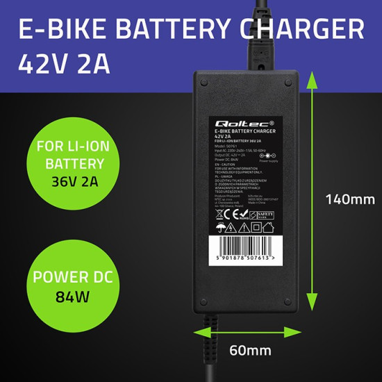 Ładowarka do baterii roweru elektrycznego 36V | 42V | 2A |       5.5*2.5 