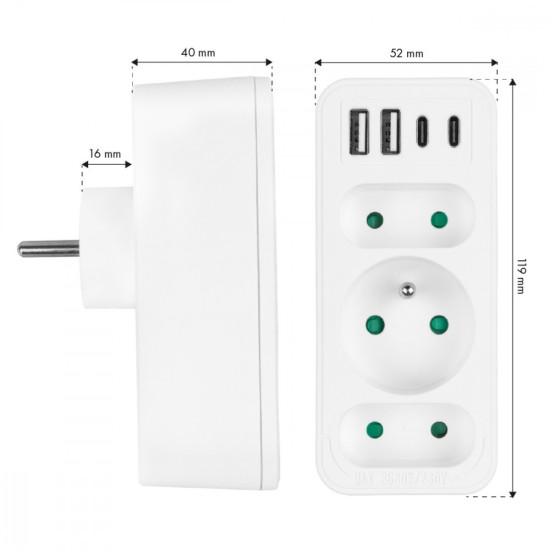 Rozdzielacz na 3 gniazda MCE248 F/W 2xUSB-A 2xUSB-C biały