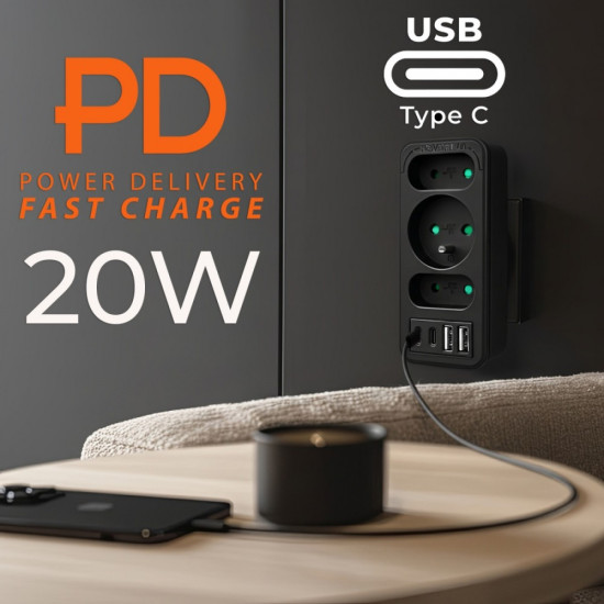 Rozdzielacz na 3 gniazdka MCE248 F/B 2xUSB-A 2xUSB-C czarny