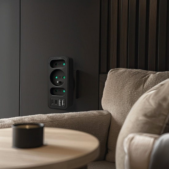 Rozdzielacz na 3 gniazdka MCE248 F/B 2xUSB-A 2xUSB-C czarny