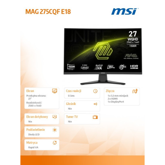 Monitor MAG 275CQF E18 27 cali LED/WQHD/LED/Curved/180Hz/czarny