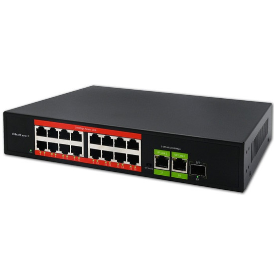 Przełącznik sieciowy SWITCH FAST Ethernet PoE | 16x RJ45 10/100  Mb/s | 2x RJ45 Uplink 1000 Mb/s | 1x SFP 1000Mb/s 