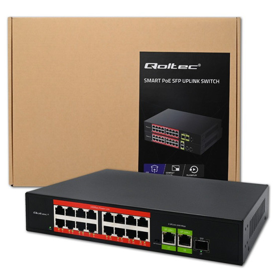 Przełącznik sieciowy SWITCH FAST Ethernet PoE | 16x RJ45 10/100  Mb/s | 2x RJ45 Uplink 1000 Mb/s | 1x SFP 1000Mb/s 