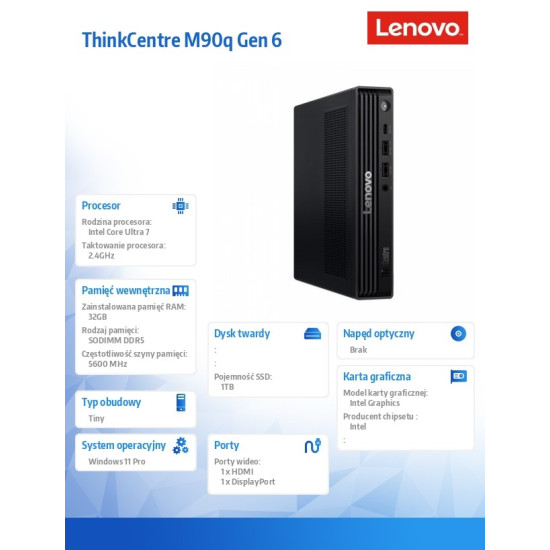 Komputer ThinkCentre M90q Tiny G6 13AC000EPB W11Pro Ultra 7 265/2x16GB/1TB/INT/vPro/Black/3YRS OS + 1 YR Premier 