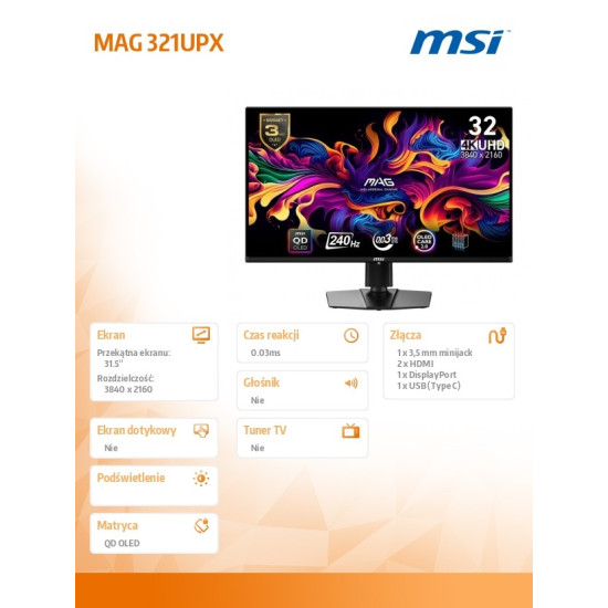 Monitor MAG 321UPX QD-OLED 31.5'/LED/UHD/Curv/160HZ/Black 