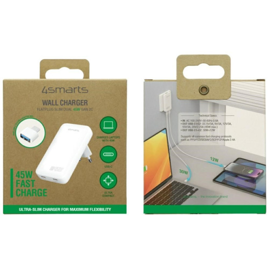 Ładowarka sieciowa FlatPlug Dual 45W GaN 2xUSB-C Biała 