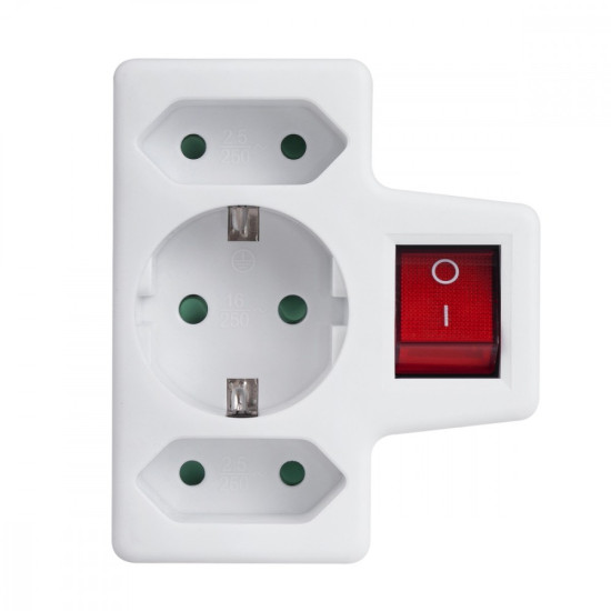 Gniazdko 1x16A 2x2.5A Schuko MCE215 z włącznikiem/wyłącznikiem, maks obciążenie 3680W, 2x wtyczka euro, 1x schuko 