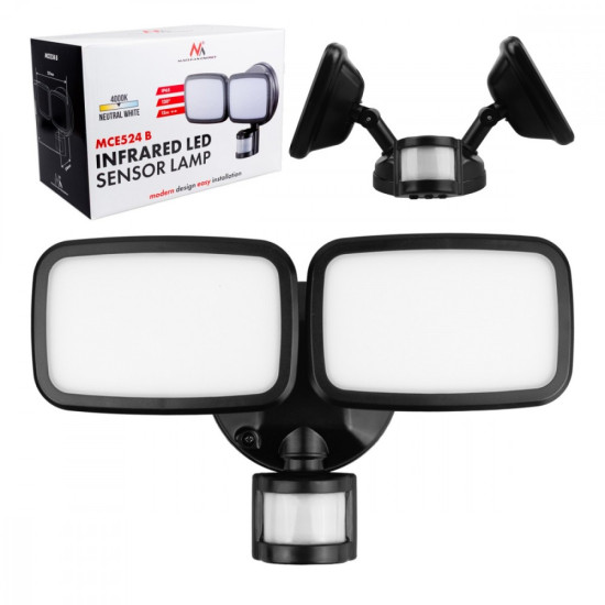 Ścienna lampa LED, czujnik PIR MCE524B 20W, 1500lm, IP65. neutral white 4000K, czarna 