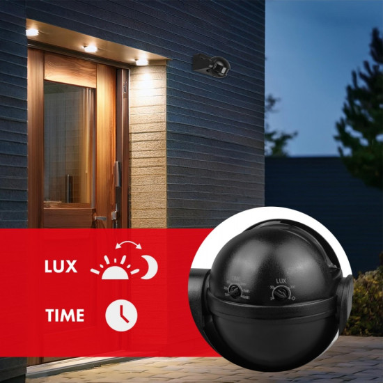 Czujnik ruchu PIR MCE358 B/B IP44, zasieg 12m, max obciążenie 300/1200W, czarny z czarną przesłoną