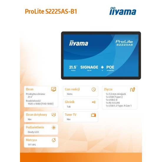 Monitor 21.5 cala ProLite S2225AS-B1 IPS,FHD,A14,24/7,RJ45,500cd2, USB-C,2x5W,iiSignage, WI-FI