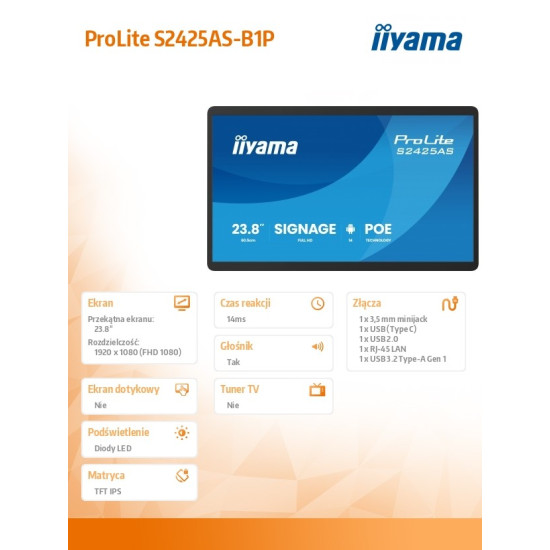 Monitor 23.8 cala ProLite S2425AS-B1 IPS,FHD,A14,24/7,RJ45, iiSignage, WI-FI 