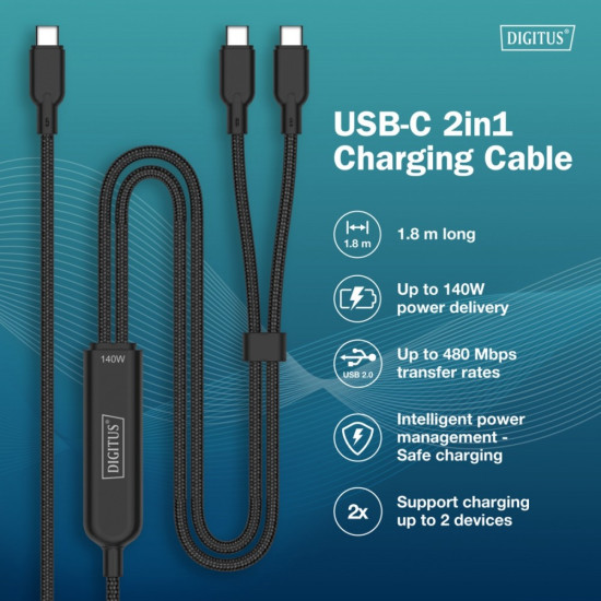 Kabel zasilający 2w1 USB-C - 2x USB-C, USB 2.0 140W PD 3.1, nylonowy, 1,8m czarny 
