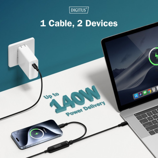 Kabel zasilający 2w1 USB-C - 2x USB-C, USB 2.0 140W PD 3.1, nylonowy, 1,8m czarny 