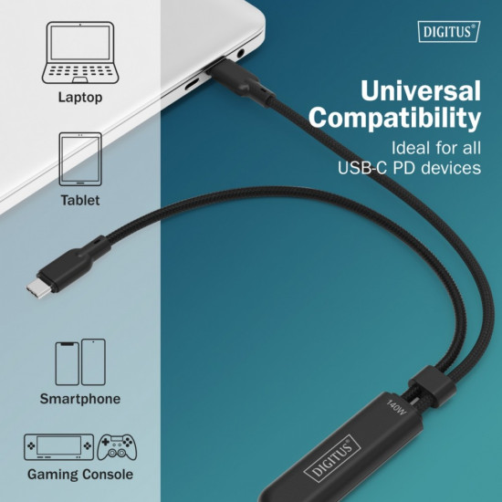 Kabel zasilający 2w1 USB-C - 2x USB-C, USB 2.0 140W PD 3.1, nylonowy, 1,8m czarny 
