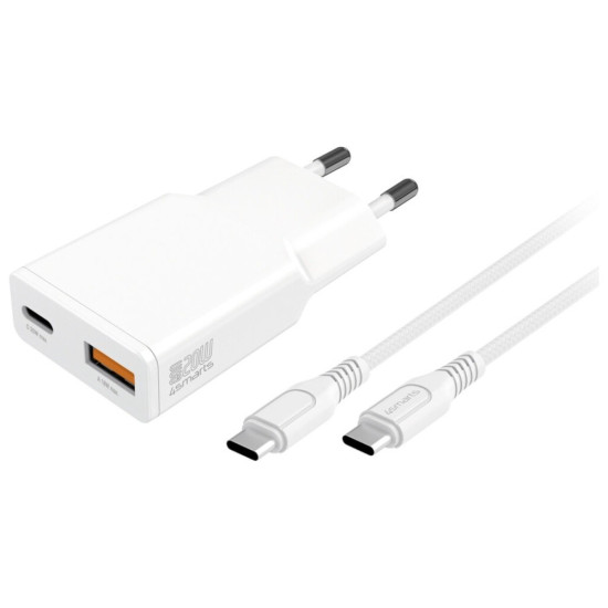 Ładowarka sieciowa PDPlug 20W GaN + USB-C + USB-A + kabel USB-C  1,5m Biała 