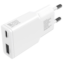 Ładowarka sieciowa PDPlug 20W GaN + USB-C + USB-A + kabel USB-C  1,5m Biała 