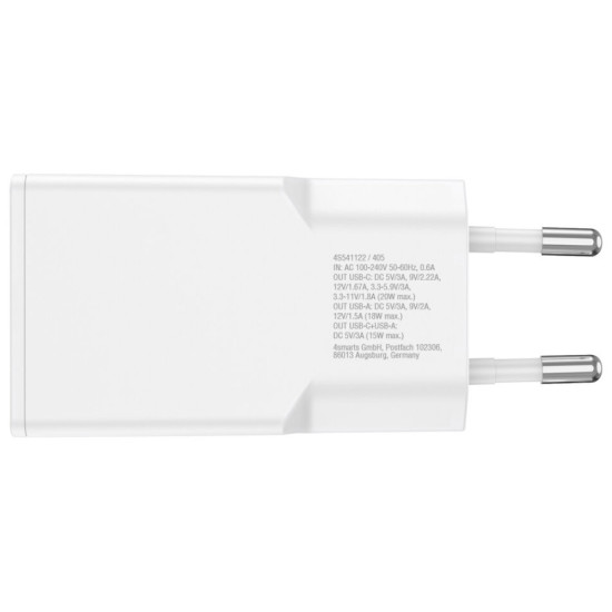 Ładowarka sieciowa PDPlug 20W GaN + USB-C + USB-A + kabel USB-C  1,5m Biała 