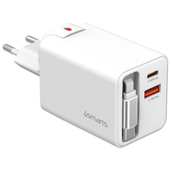 Ładowarka sieciowa Flex Jojo 65W GaN 2xUSB-C + USB-A Biała       rozwijany wbudowany kabel 