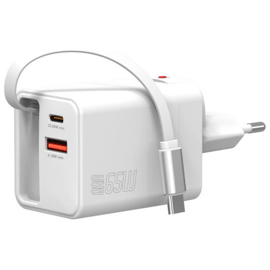 Ładowarka sieciowa Flex Jojo 65W GaN 2xUSB-C + USB-A Biała       rozwijany wbudowany kabel 