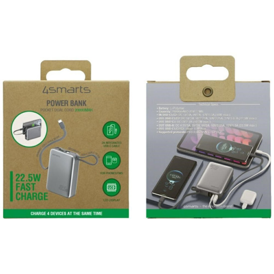 Powerbank Pocket Dual Cord 20000mAh 22,5W z wbudowanym kablem USB-C 15cm Szary 