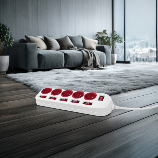 Listwa zasilajaca 5 gniazd z włącznikami MCE204 R/W Biało-czerwona