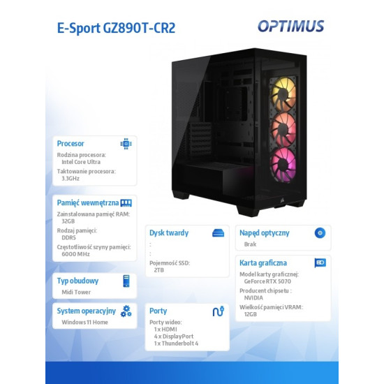 Komputer E-Sport GZ890T-CR2 Core Ultra7 265KF/32GB/2TB/RTX 5070 OC/W11H