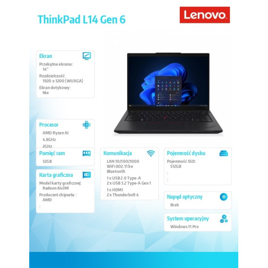 Laptop ThinkPad L14 AMD G6 21SE002APB W11Pro 5 PRO 340/32GB/512GB/INT/14.0 WUXGA/Black/1YR Premier WHB + 3YRS OS + CO2 Offset 