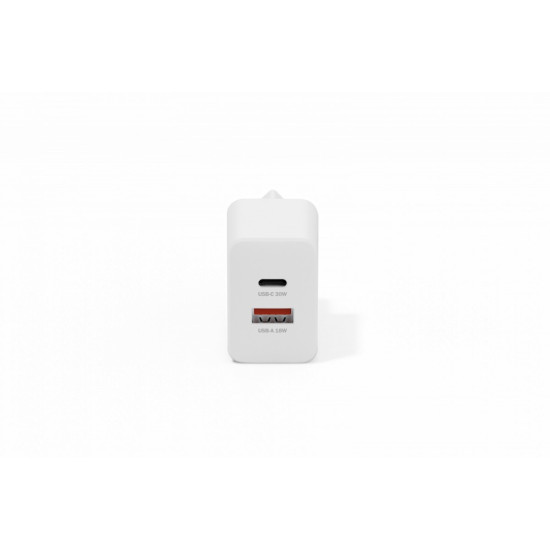 Ładowarka sieciowa/zasilacz USB GaN 30W, 1x USB-C, 1x USB-A, biała