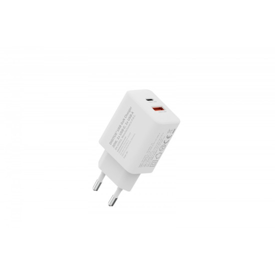 Ładowarka sieciowa/zasilacz USB GaN 30W, 1x USB-C, 1x USB-A, biała