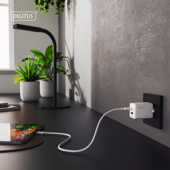 Ładowarka sieciowa/zasilacz USB GaN 45W, 1x USB-C, 1x USB-A, biała 