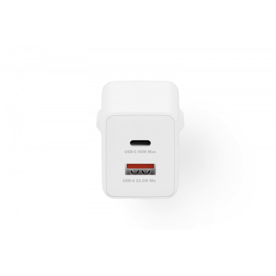 Ładowarka sieciowa/zasilacz USB GaN 45W, 1x USB-C, 1x USB-A, biała 