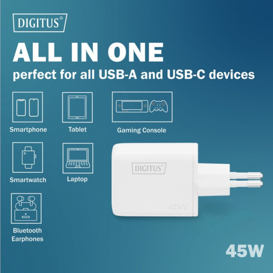 Ładowarka sieciowa/zasilacz USB GaN 45W, 1x USB-C, 1x USB-A, biała 