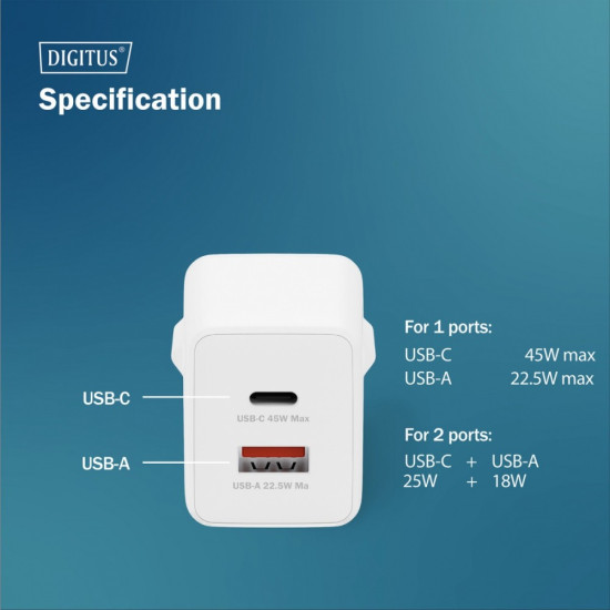 Ładowarka sieciowa/zasilacz USB GaN 45W, 1x USB-C, 1x USB-A, biała 