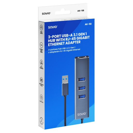 Hub AK-58 3-portowy USB-A 3.1 Gen 1 z adapterem RJ-45 Gigabit Ethernet, Ak-58