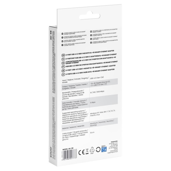 Hub AK-58 3-portowy USB-A 3.1 Gen 1 z adapterem RJ-45 Gigabit Ethernet, Ak-58