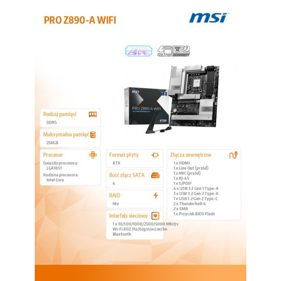 Płyta główna PRO Z890-A WIFI s1851 4 DDR5 HDMI/DP ATX 