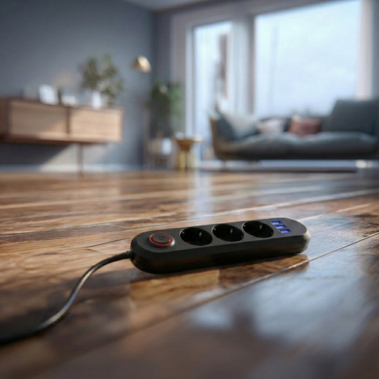 Listwa zasilająca MCE394 B, 1,5m|3 gniazda + 3xUSB. 110-240V AC 50/60Hz, 2.1A max 2500W, czarna