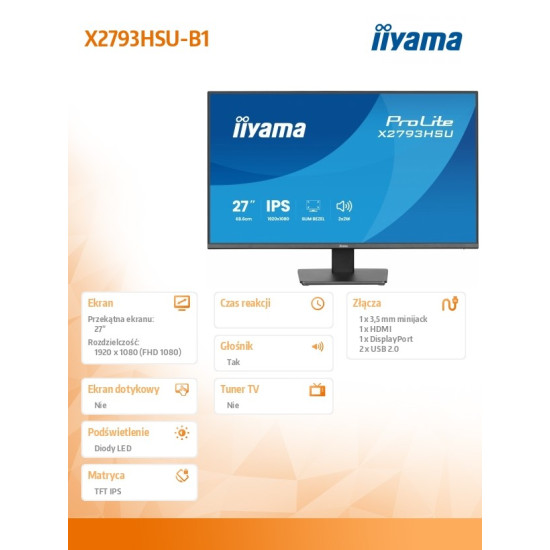 Monitor 27 cali X2793HSU-B1 IPS.HDMI.DP.120Hz,2xUSB, 1500:1,350cd,   cienka ramka z 4 stron 