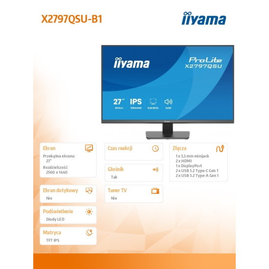 Monitor 27 cali X2797QSU-B1 IPS,QHD,HDMI,DP,350cd, 75Hz, 4x USB, bezramkowy