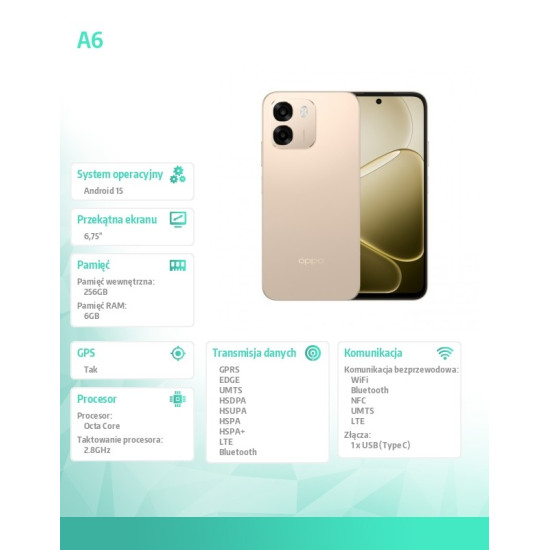 Smartfon A6 4G 6/256GB CPH2817 złoty