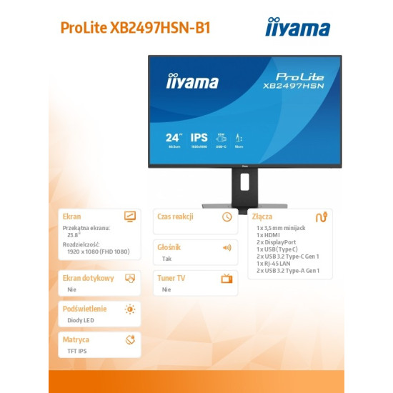 Monitor 24 cale XB2497HSN-B1 IPS, USB-C Dock,HDMI, DP, RJ45 